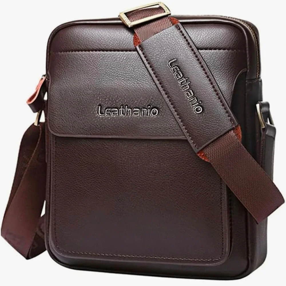 Leathario Mens Vegan‎ Leather Messenger Bag Brown Crossbody Shoulder Travel Bag
